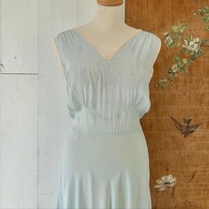 Vintage Antique 1930s Pale Blue Floral Embroidered Silk Slip Dress